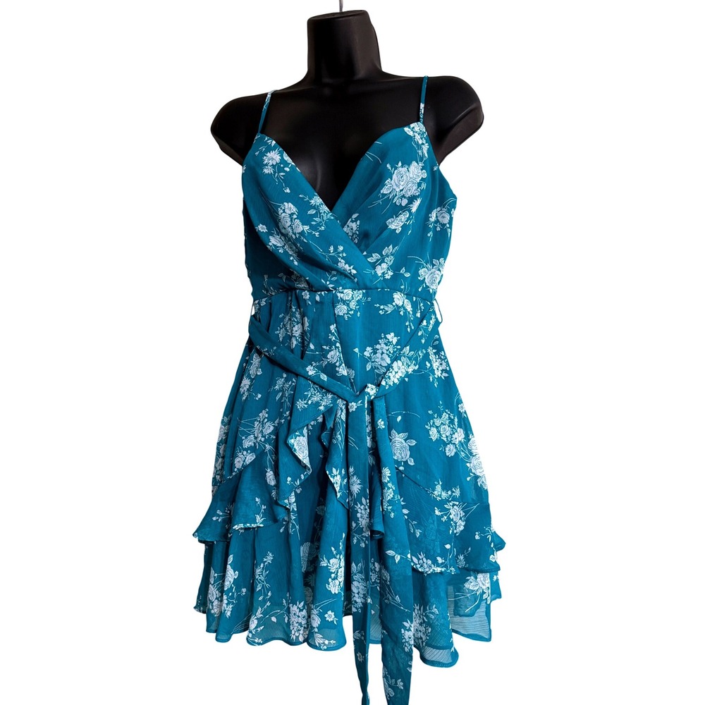 B.DARLIN  Women's Juniors' V-neck Tie-front Dress Jade Size 3 Blue Floral Dress